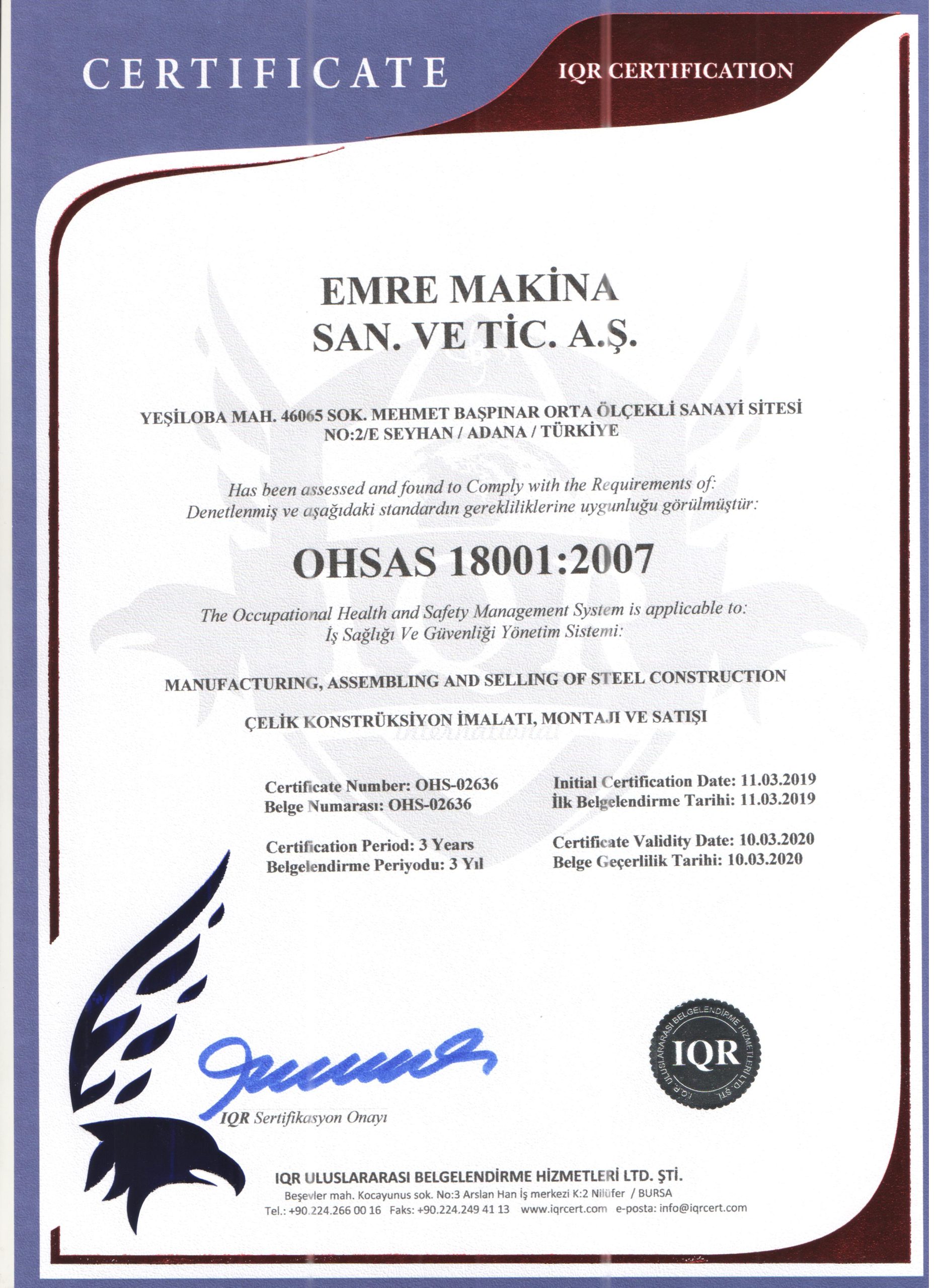 OHSAS 18001 Certificate